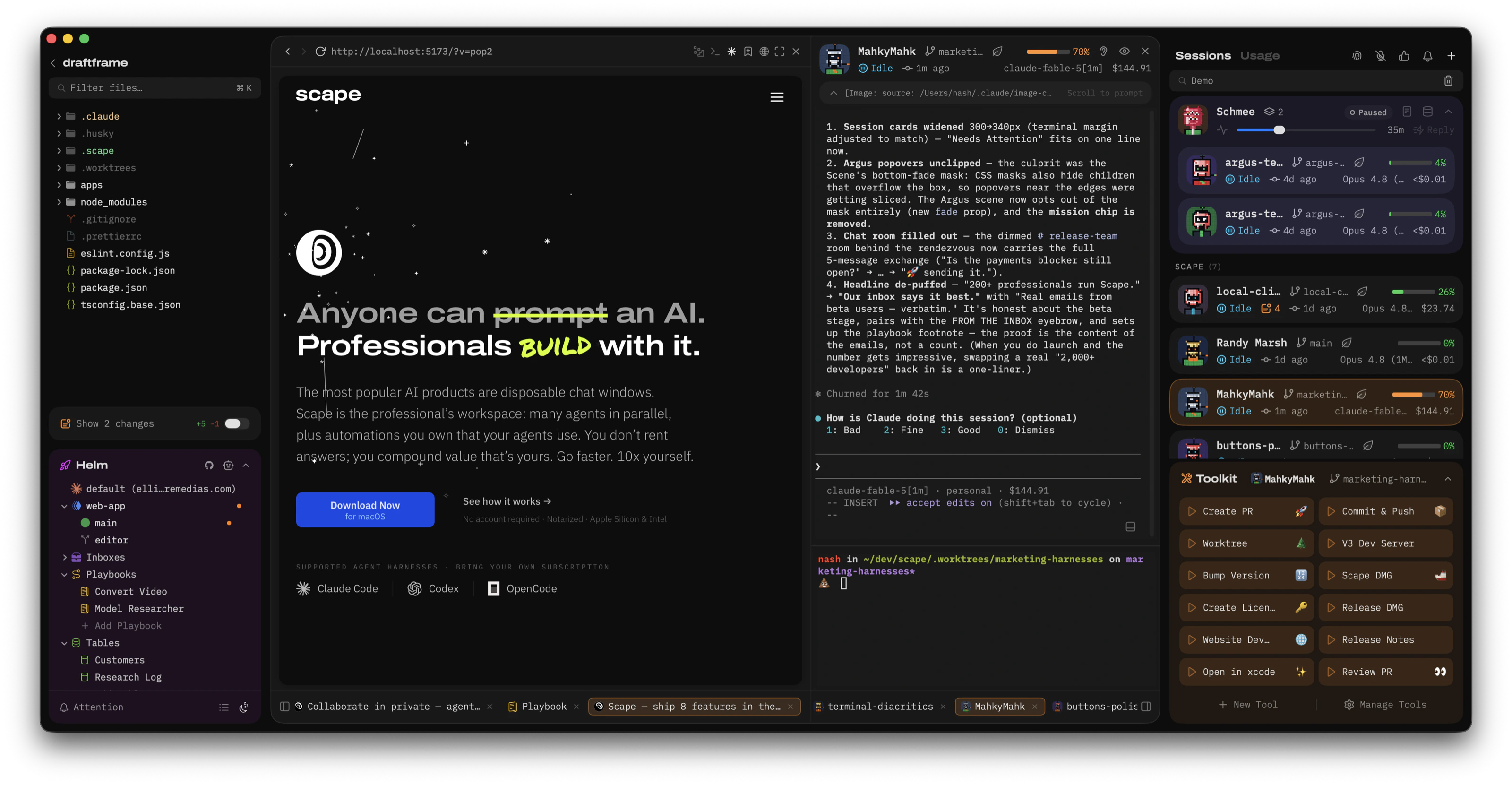 Scape — parallel agent sessions, the code editor, and the toolkit, with the marketing site being built inside the app.